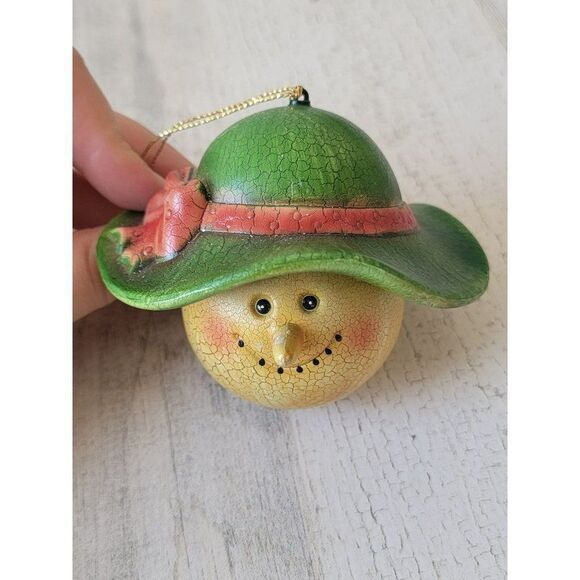 Snowman face green hat Gardener ornament Xmas decor - Picture 1 of 4